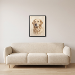 Hundeporträt auf Leinwand im schwarzen Schattenfugenrahmen, 30 x 40 cm über einem 200 cm breiten Sofa – Größenvergleich